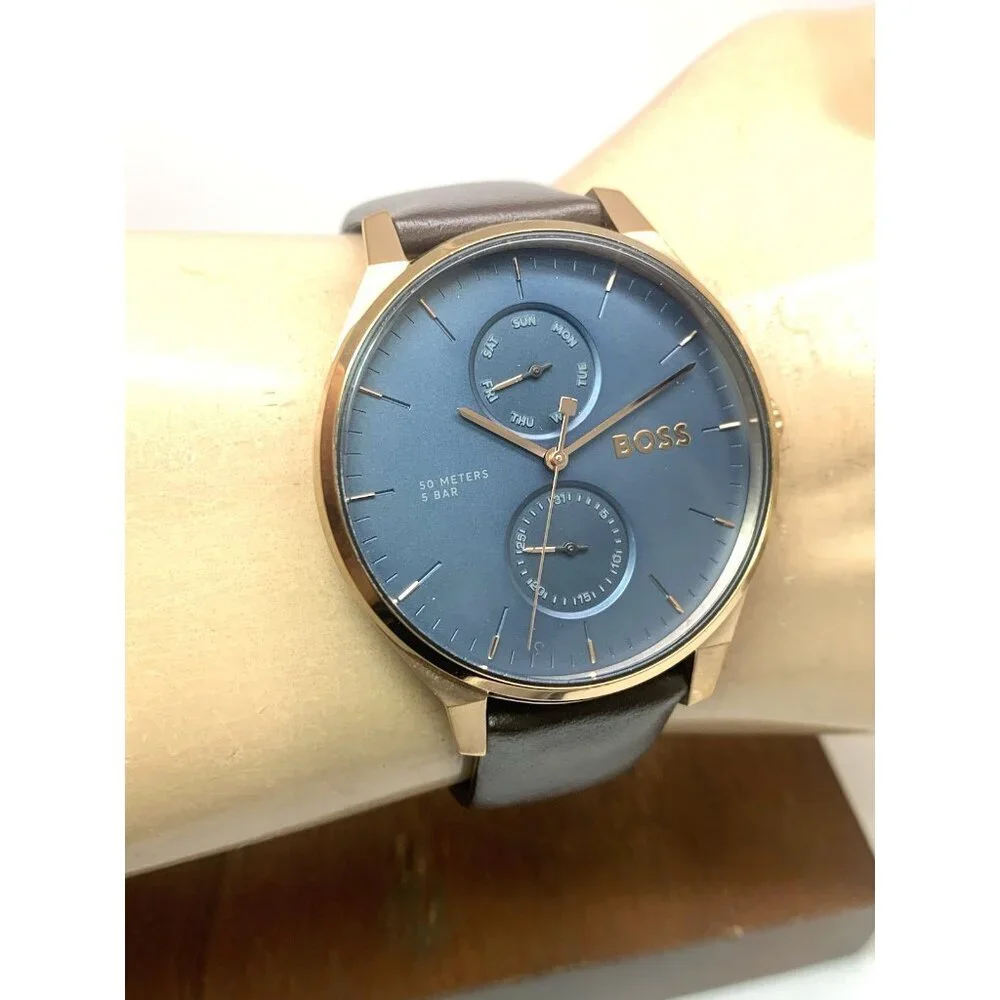 Hugo Boss Mens Watch 1514103 Tyler Quartz Rose Gold Blue Dial Brown Leather 43mm